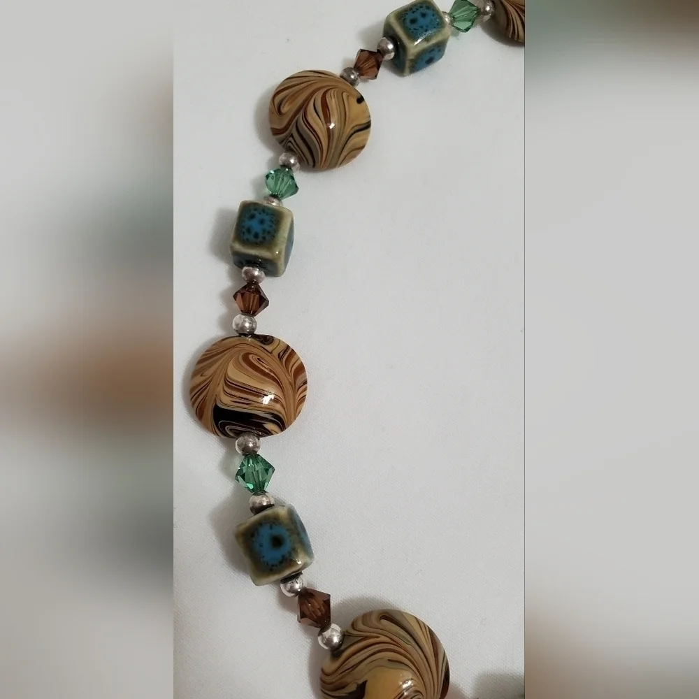 Vintage Orange Brown & Turquoise Color Art Glass & Sterling Silver Necklace